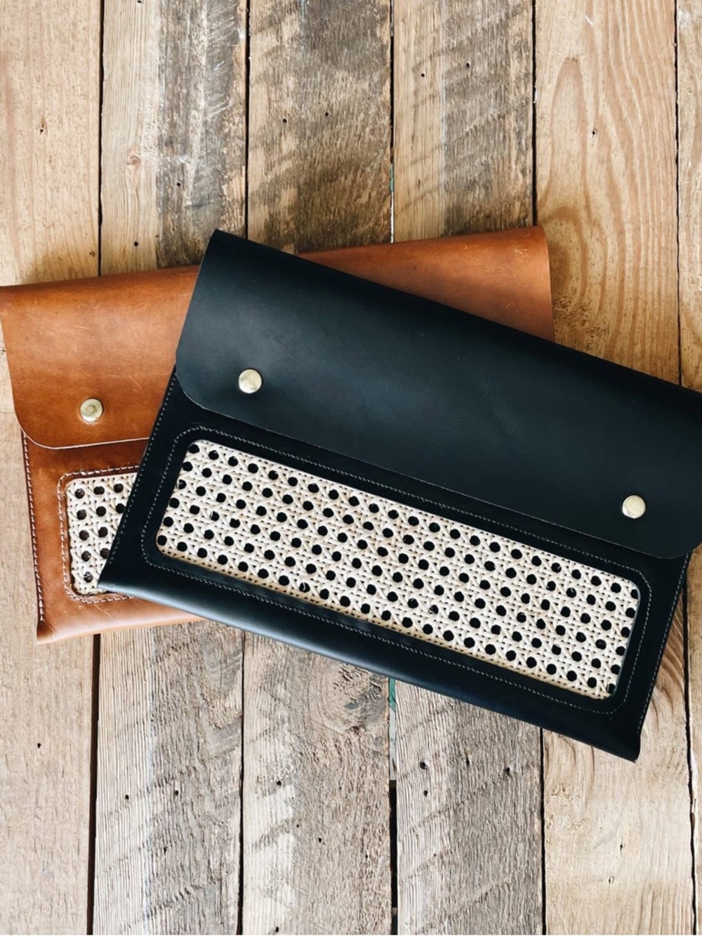 Black Leather & Woven Panel Clutch with Tan Leather Back
